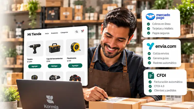 Propietario mexicano de un pequeño negocio preparando pedidos y gestionando su Local Digital con Kormia